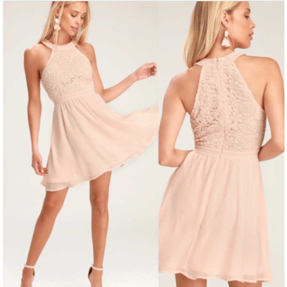 Lulu's Blush Pink Lace Halter Mini Dress